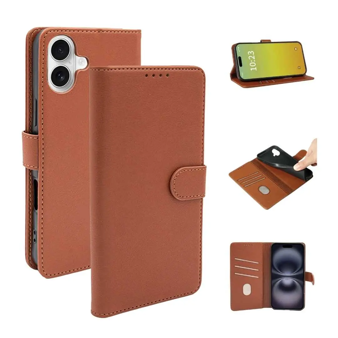 iPhone 16 PU Leather Wallet Case Brown